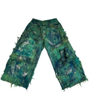 Zasta Studio Wearable Ruins Shredded Wide Leg Colored Denim Pants - Green