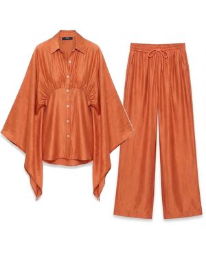 Cy Boutique Sunset Satin Cape-Sleeve Shirt & Wide-Leg Trouser Co-Ord - Orange