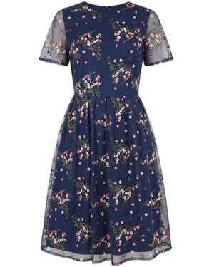 Yumi' Embroidered Floral Mesh Prom Dress - Blue