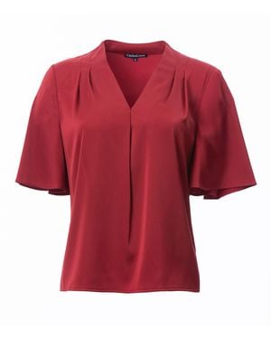 Carloslines V-Neck Pleat Detail Flutter Sleeve Blouse - Red