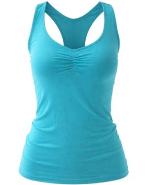 Conquista Racerback Stretch Top With Ruched Front & Embroidered Back Detail - Blue