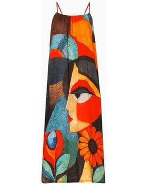 DHARA SHETH DUBAI Muse Abstract Art Spaghetti Strap Cotton Maxi Dress - Red