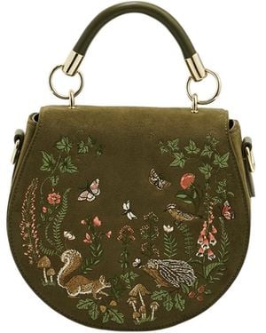 Fable England Charlotte Meadow Scene Embroidered Faux Suede Saddle Bag - Green