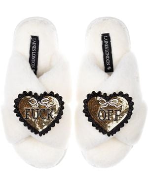 Laines London Neutrals Classic Laines Slippers With & Fuck Off Brooches - White