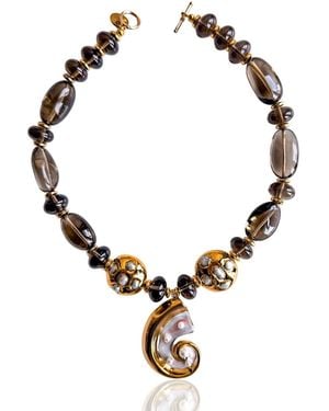 Edgar Navarro Jewelry Neutrals Edgar Navarro Nautilus Sea Shell Pendant With Smoky Quartz Necklace - Metallic