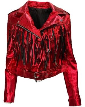 Any Old Iron Metallic Peril Leather Fringe Moto Jacket - Red
