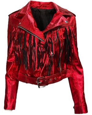 Any Old Iron Metallic Devil Leather Fringe Moto Jacket - Red