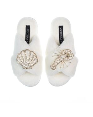 Laines London Classic Laines Slippers With Pearl Beaded Lobster & Shell Brooches - White