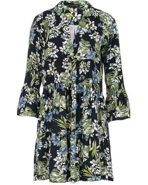 Conquista Khaki, Ecru & Blue Floral Dress With Bell Sleeves - Green