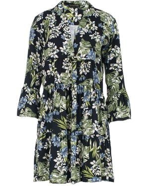 Conquista Khaki, Ecru & Blue Floral Dress With Bell Sleeves - Green