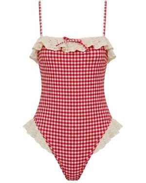 Montce Micro Gingham Jacelyn Ruffle One-Piece - Red