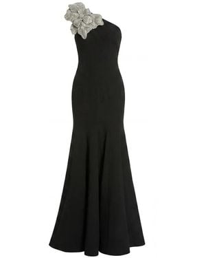 Mac Duggal Crepe One Shoulder Gown With Embellished Flower - Black