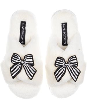 Laines London Neutrals Classic Laines Slippers With Stripe Bow Brooches - White