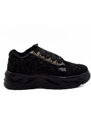 Rettrose Diana Luxury Noir Satin Handmade Embellished Trainer - Black