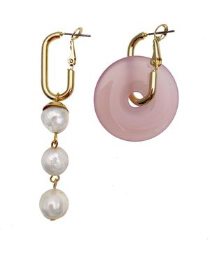 Farra Round Rose Quartz With Freshwater Pearls Asymmetrical Clip On Earrings - Pink