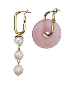 Farra Round Rose Quartz With Freshwater Pearls Asymmetrical Clip On Earrings - Pink