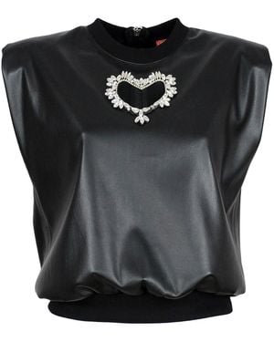Lalipop Design Vegan Leather Blouse With Faux Crystal Embellished Laser Cut-Out Heart - Black