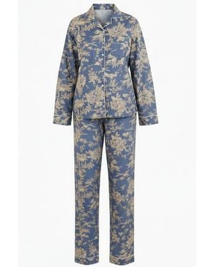 La Mandarine Pyjamas, Hand Block Printed Cotton Floral Ladies Pyjamas - Blue