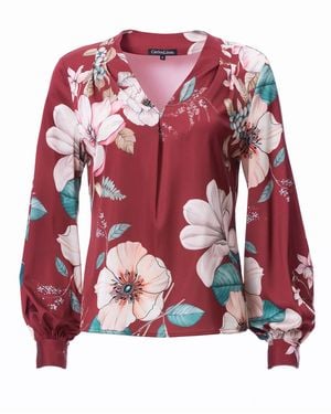 Carloslines V-Neck Pleat Detail Balloon Long Sleeve Blouse - Red