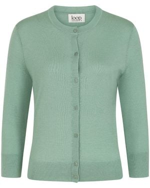 Loop Cashmere Three Quarter Sleeve Crew Neck Cardigan - Green