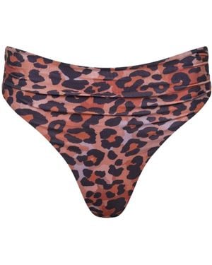 Playaluxe Capri Leopard Ruched High Waist Thong Bikini Bottom - Purple