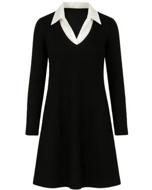 Conquista Shirt Collar Detail Striped Dress - Black