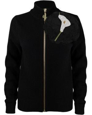 House of Laines London Cashmere-Wool Zip Cardigan With Hand-Embellished Lily Flower Brooch - Black