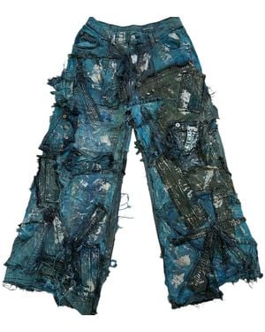 Zasta Studio Wearable Ruins Shredded Wide Leg Colored Denim Pants F - Blue