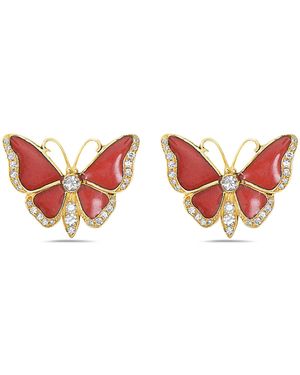 Artisan 18K With Natural Diamond Butterfly Design Enamel Stud Earrings - Red