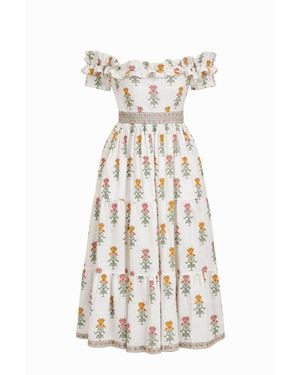 Echo of Pink Isla Hand Block Print Offshoulder Cotton Maxi Dress - White