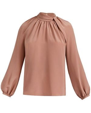 Santorelli Dakota Silk Mock Neck Blouse With Long Lantern Sleeves - Pink
