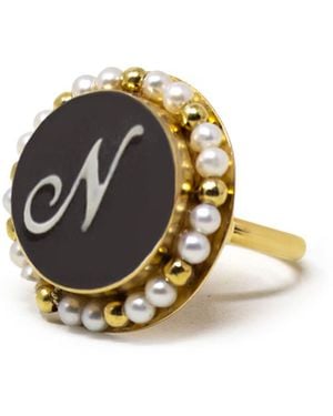 Vintouch Italy Gold Vermeil Black Cameo Pearl Ring Initial N - Metallic