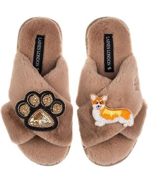 Laines London Neutrals Classic Laines Slippers With Paw & Peach The Corgi Brooches - Brown