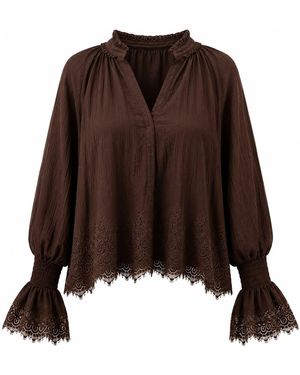 IZABELA MANDOIU Elegant Chocolate Bohemian Blouse With Delicate Lace Embroidery And Romantic Bell Sleeves - Brown