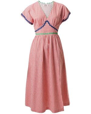 Louche Unity Gingham Ric Rac Trim V-Neck Midi Dress - Pink