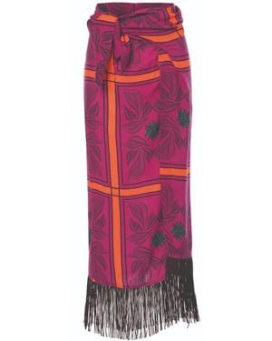 Women & Women Balia Fringed, Colorful Design Patterned, Midi Slit Pareo Skirt - Red