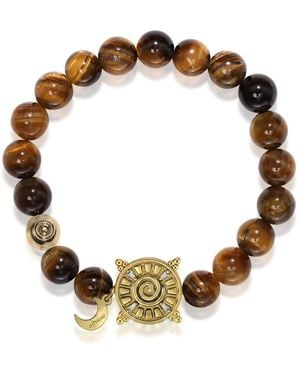 Aurozia Three Charms Solar Meridian Plated Sundial And The Sun Crystal Tiger's Eye Beaded Bracelet - Metallic