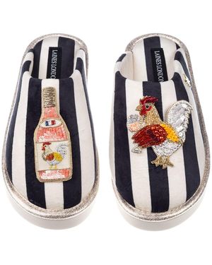 Laines London Flatform Stripe Closed Toe Slippers With Chicken Wine Brooches - Blue