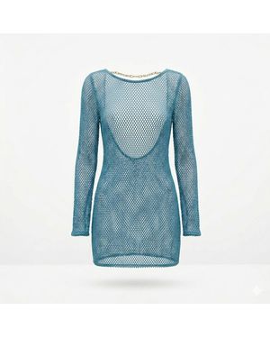 Women & Women Metallic Mesh Cover-Up Dress With Chain Detail - Blue