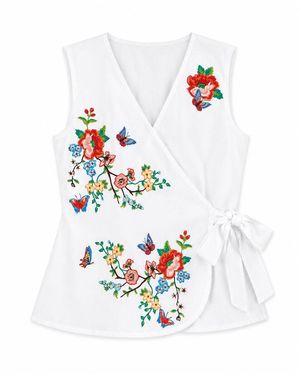 Yumi' Stretch Cotton Embroidered Wrap Top - White