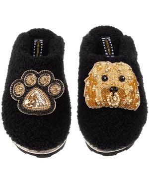 Laines London Teddy Towelling Closed Toe Slippers With Enki Doo The Cockapoo & Paw Brooch - Black