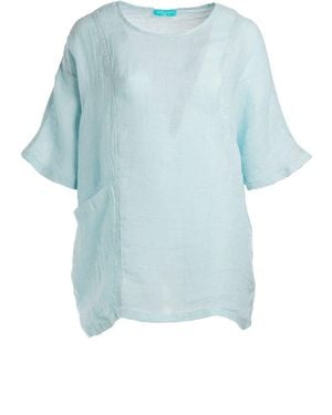 Haris Cotton Front Pocket Curve Linen Gauze Blouse With Batwing Sleeve Ocean Air - Blue