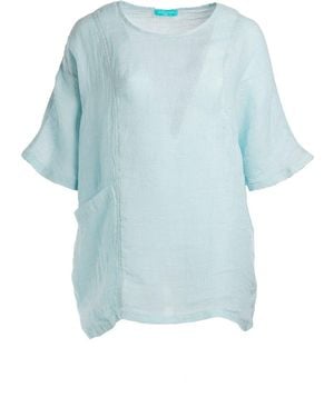 Haris Cotton Front Pocket Curve Linen Gauze Blouse With Batwing Sleeve Ocean Air - Blue