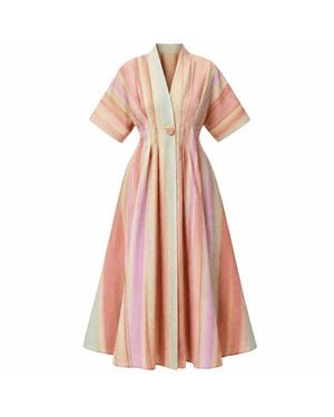 Exquise Angilia V-Neck Linen Blend Midi Dress- Multi Color - Pink