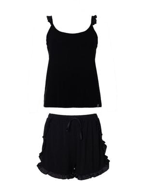 Pretty You London Bamboo Frill Cami Short Pyjama Set - Black