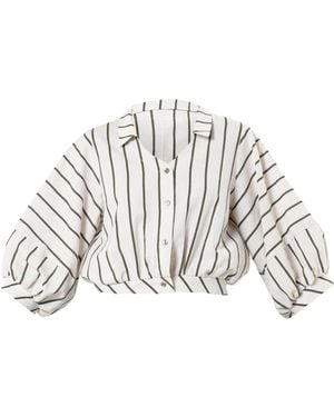 Metamorph Oversize Linen Short Top On Khaki Stripes - White
