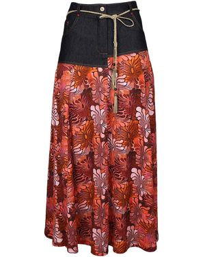 Lalipop Design All-Over Floral Print Skirt With Asymmetric Denim Cut - Red