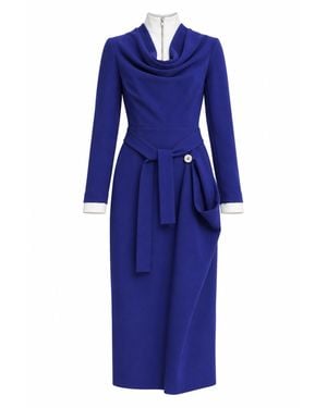 Julia Allert Two-Tone Asymmetric Draped High-Neck Midi Dress – - Blue