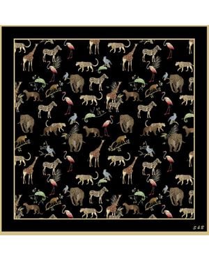 Silk and Bears Noir Safari Wool Silk Scarf – Hand-Rolled Animal Motif Wrap - Black