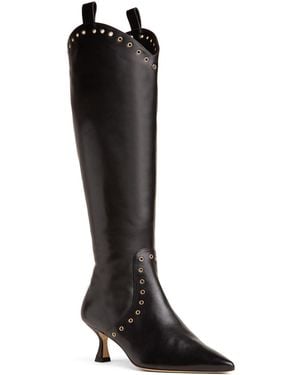Beautiisoles by Robyn Shreiber Made in Italy Vanesa Leather Knee-High Boot With Studs & Kitten Heel Elegant For Work & Valentine Day - Black